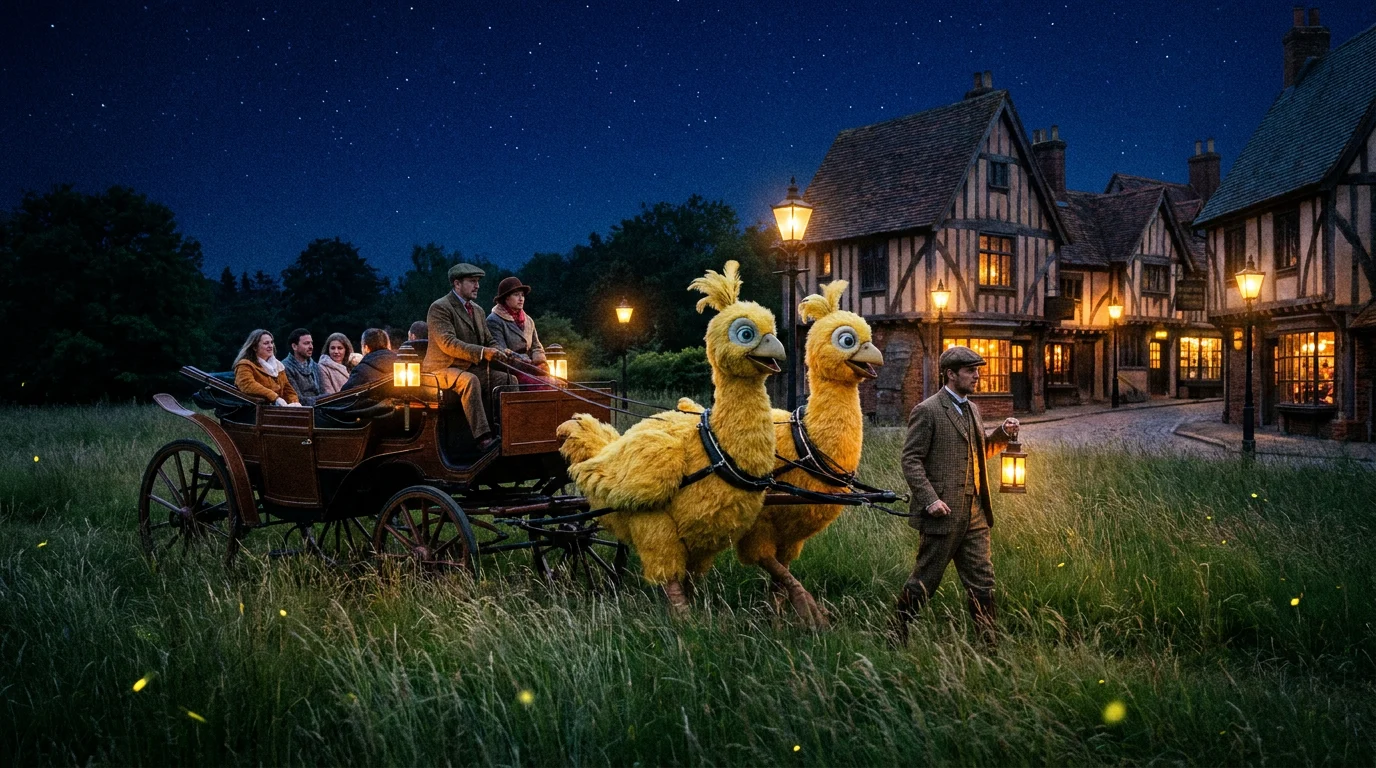 An open carriage drawn by two large golden animatronic birds through a lantern-lit meadow