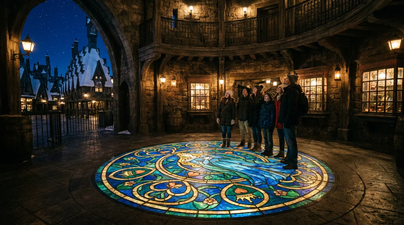 Guests standing on an enormous glowing stained-glass floor in a dark circular chamber