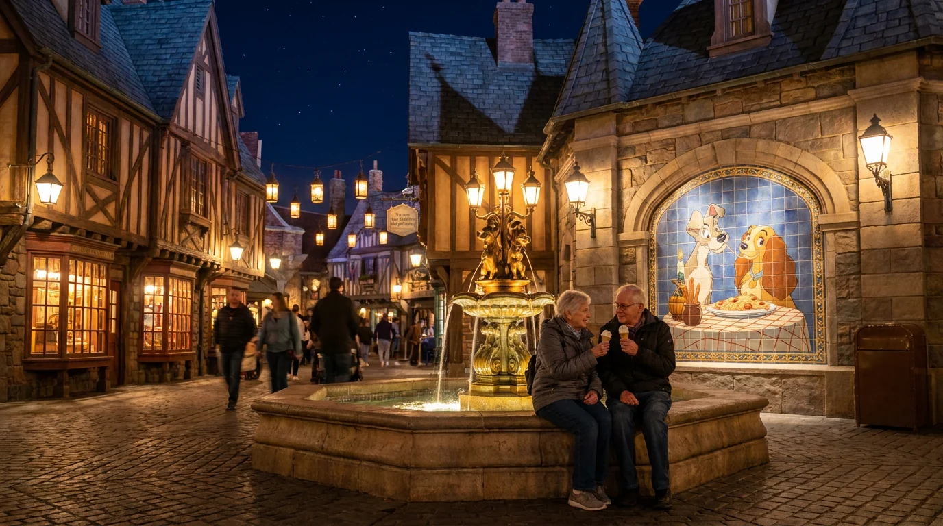 The golden fountain and its tile mural of two dogs sharing spaghetti, an elderly couple sitting on the edge