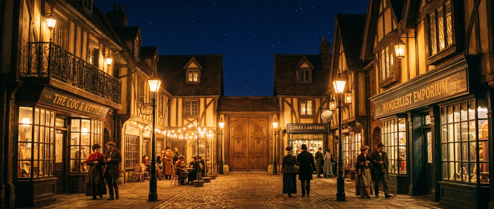 The First District plaza at night: gaslamps, café terraces and the great doors under a starry sky