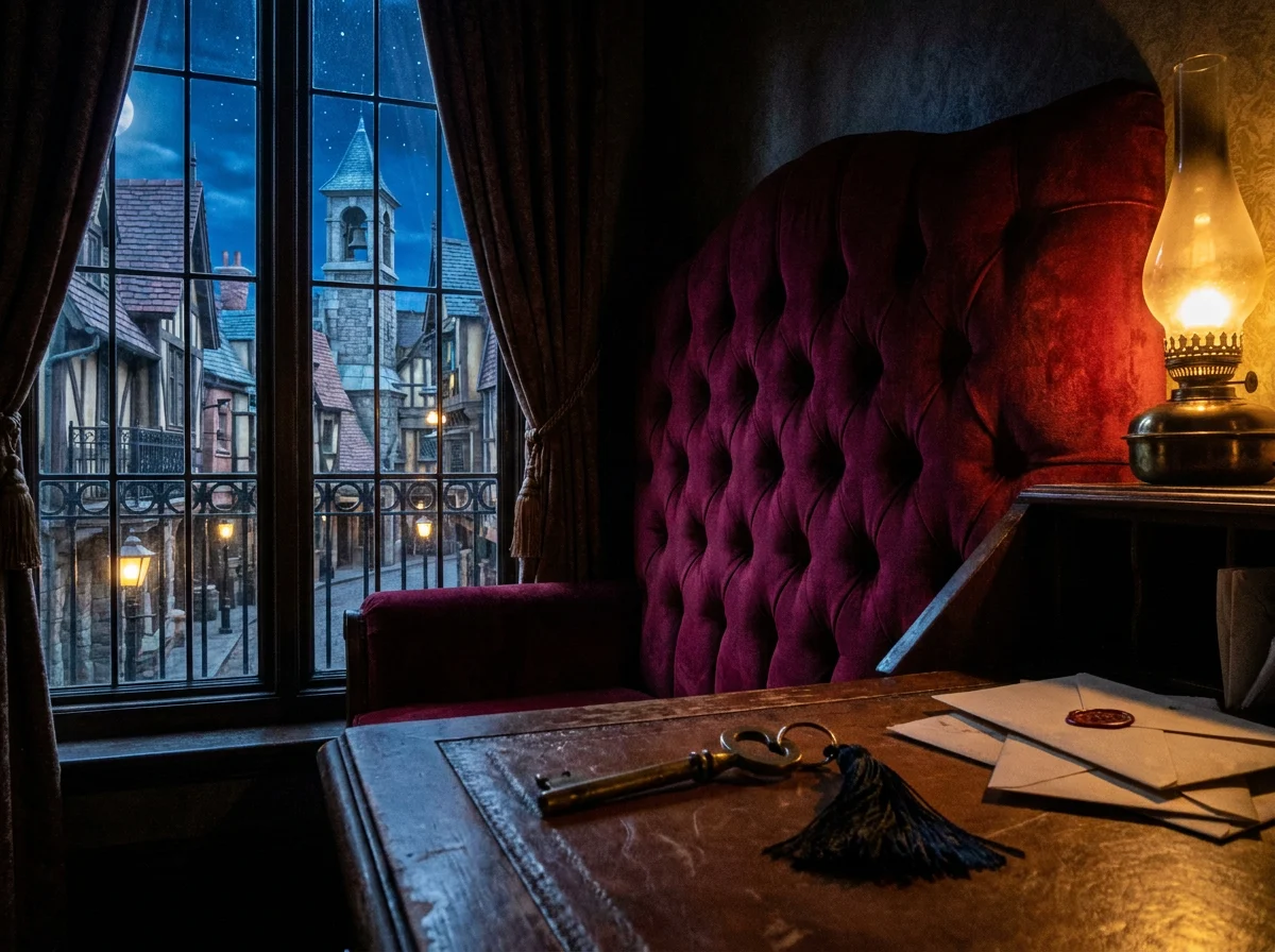 A crimson hotel room: velvet headboard, brass key on a writing desk, window over moonlit rooftops