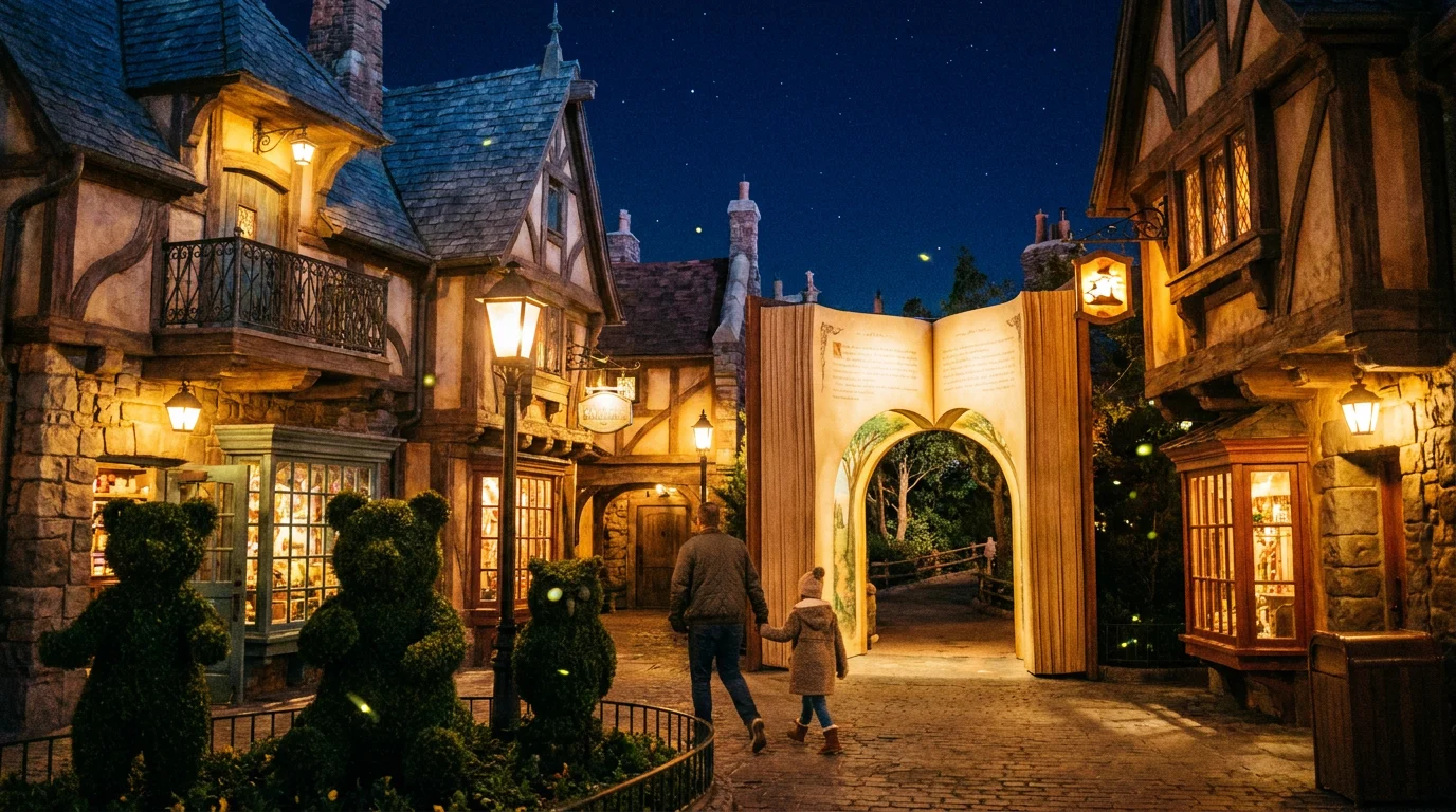 A giant open storybook forming a glowing doorway into a woodland path, fireflies drifting through
