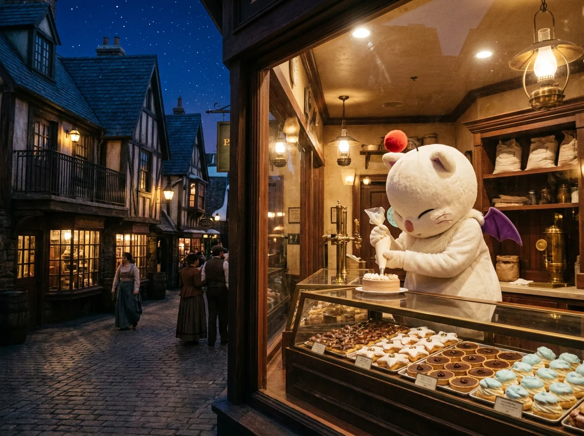 A patisserie case of star-shaped pastries with a performer in a plush moogle costume piping cream behind the counter