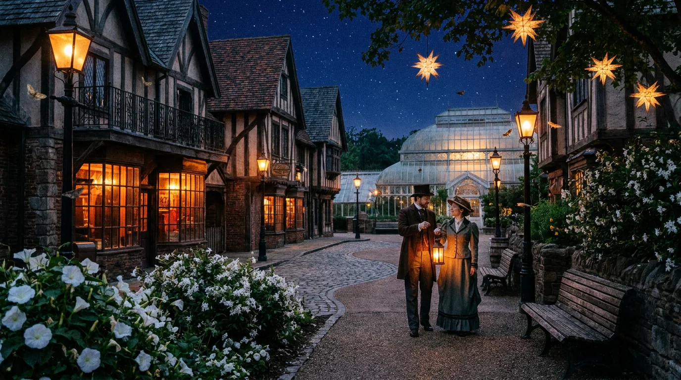 A night-blooming garden: moonflowers, star lanterns along a gravel path, a glasshouse glowing in the distance