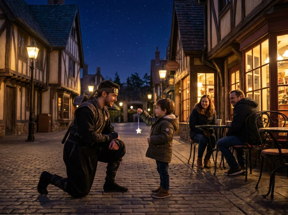 A performer in a ninja-inspired costume kneeling at a comfortable distance from a child holding up a star charm