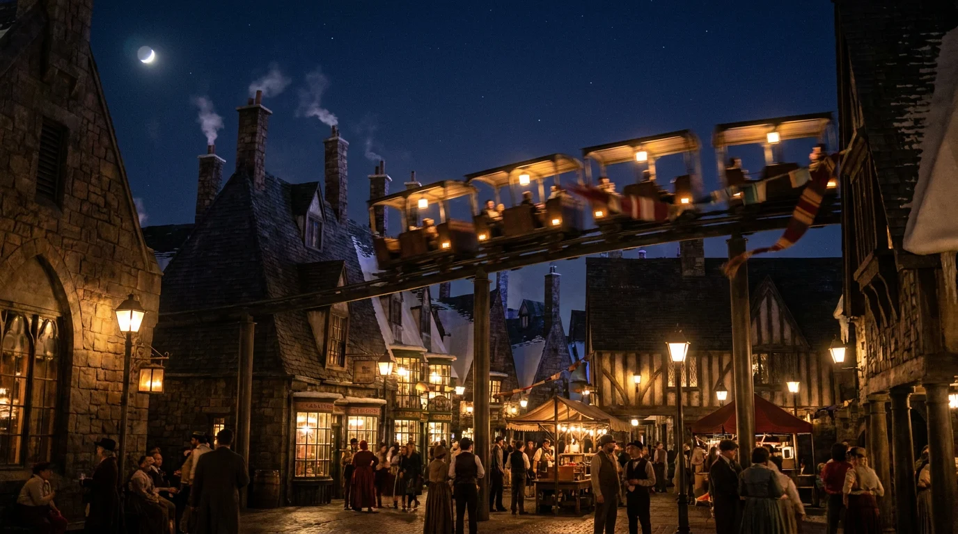 Open lantern-lit coaster carriages gliding low over moonlit tiled rooftops
