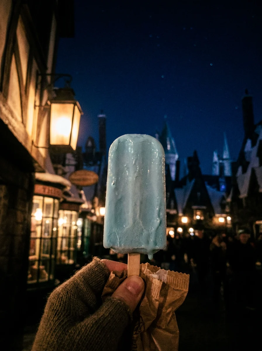 A hand holding a pale blue ice cream bar against moonlit rooftops and stars
