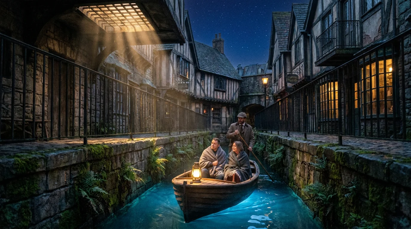 A wooden boat with a brass lantern gliding through an underground canal of glowing blue water