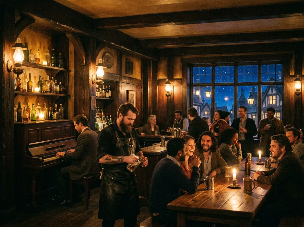 Seventh Heaven's interior: carved dark wood, an upright piano, glowing bottles, a bartender polishing a glass