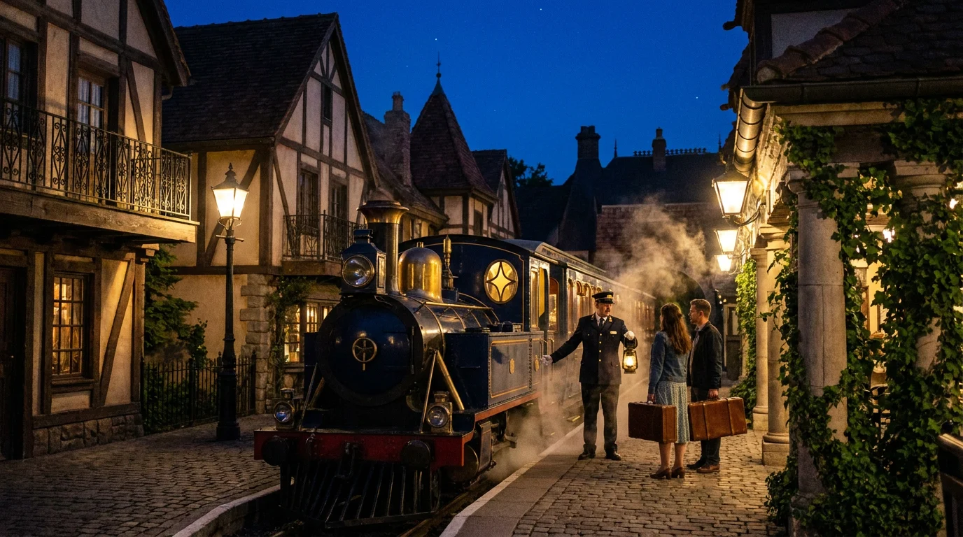 A midnight-blue train with glowing star-shaped windows at a small garden station at dusk