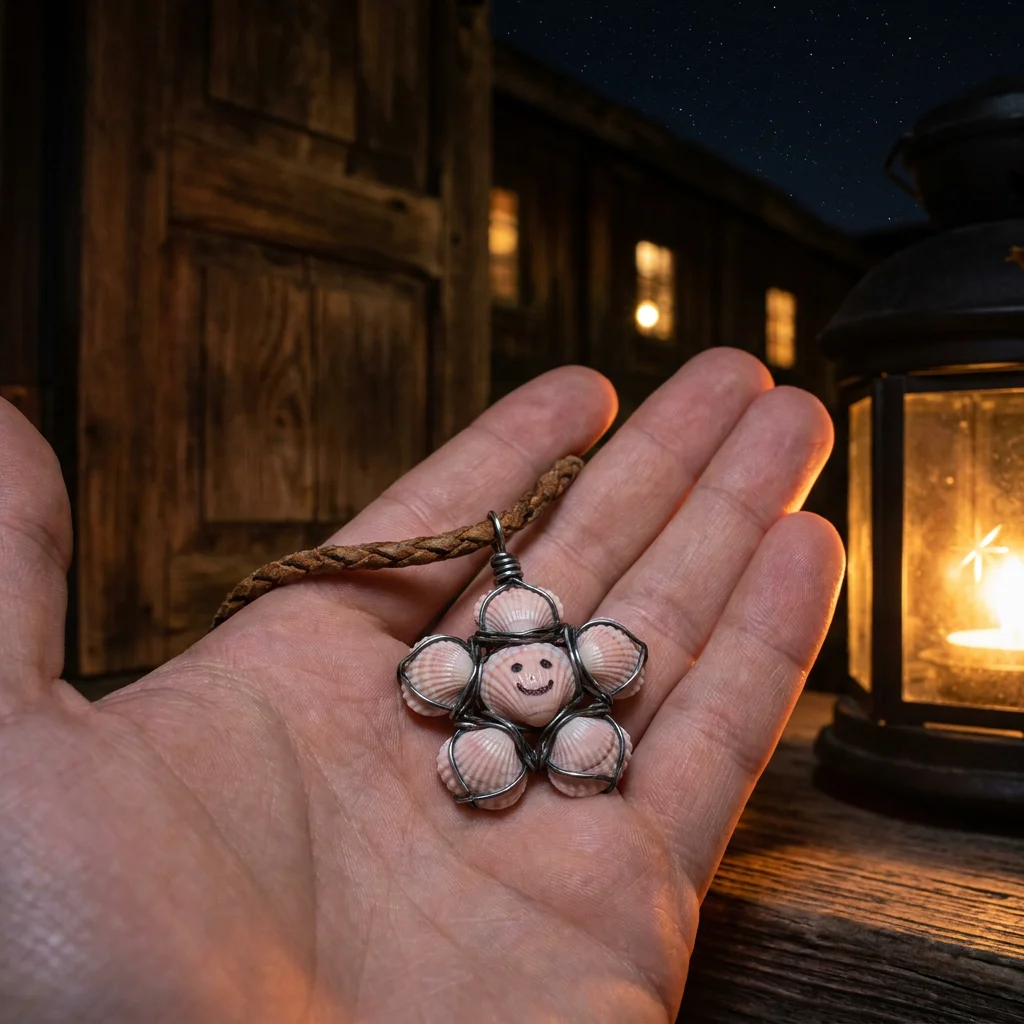 A star-shaped charm made of five pale seashells, resting in an open palm on a leather cord